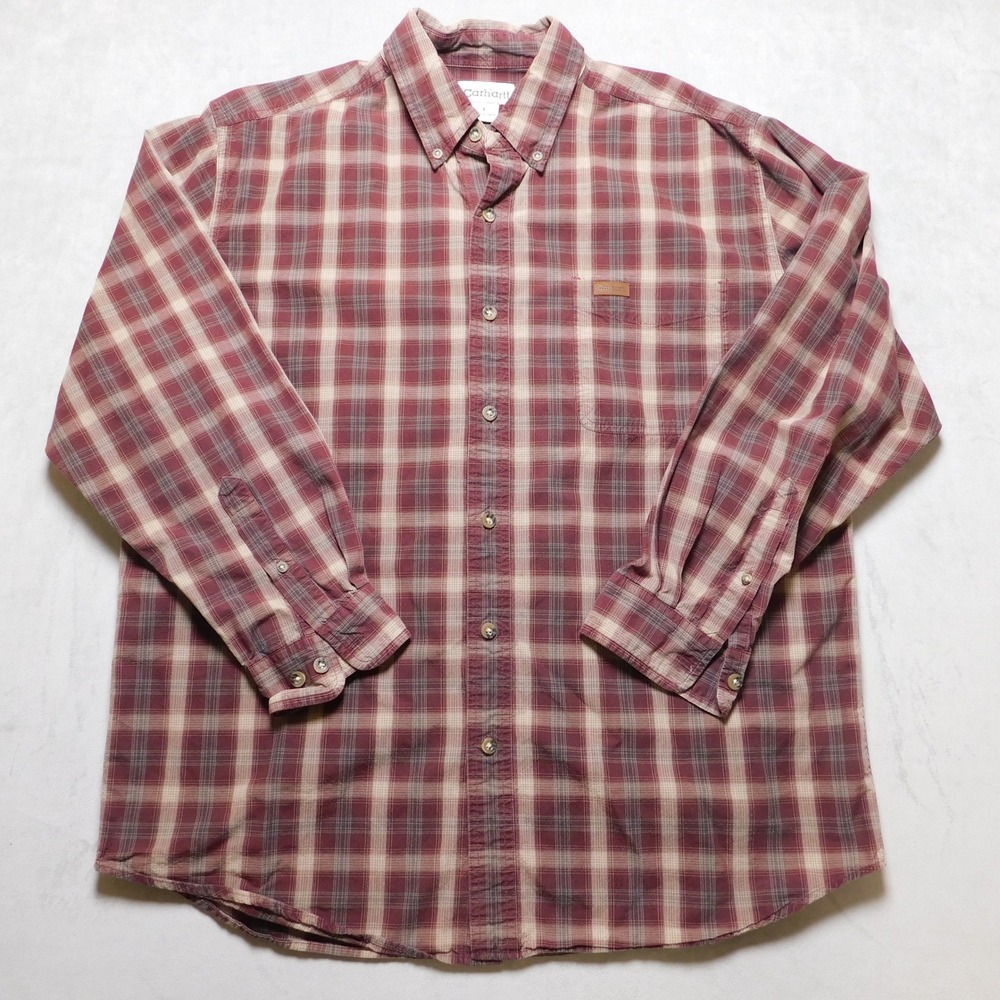 Carhartt Mens Long Sleeve Plaid‎ Button Down Shirt Maroon Tan Relaxed Fit Large